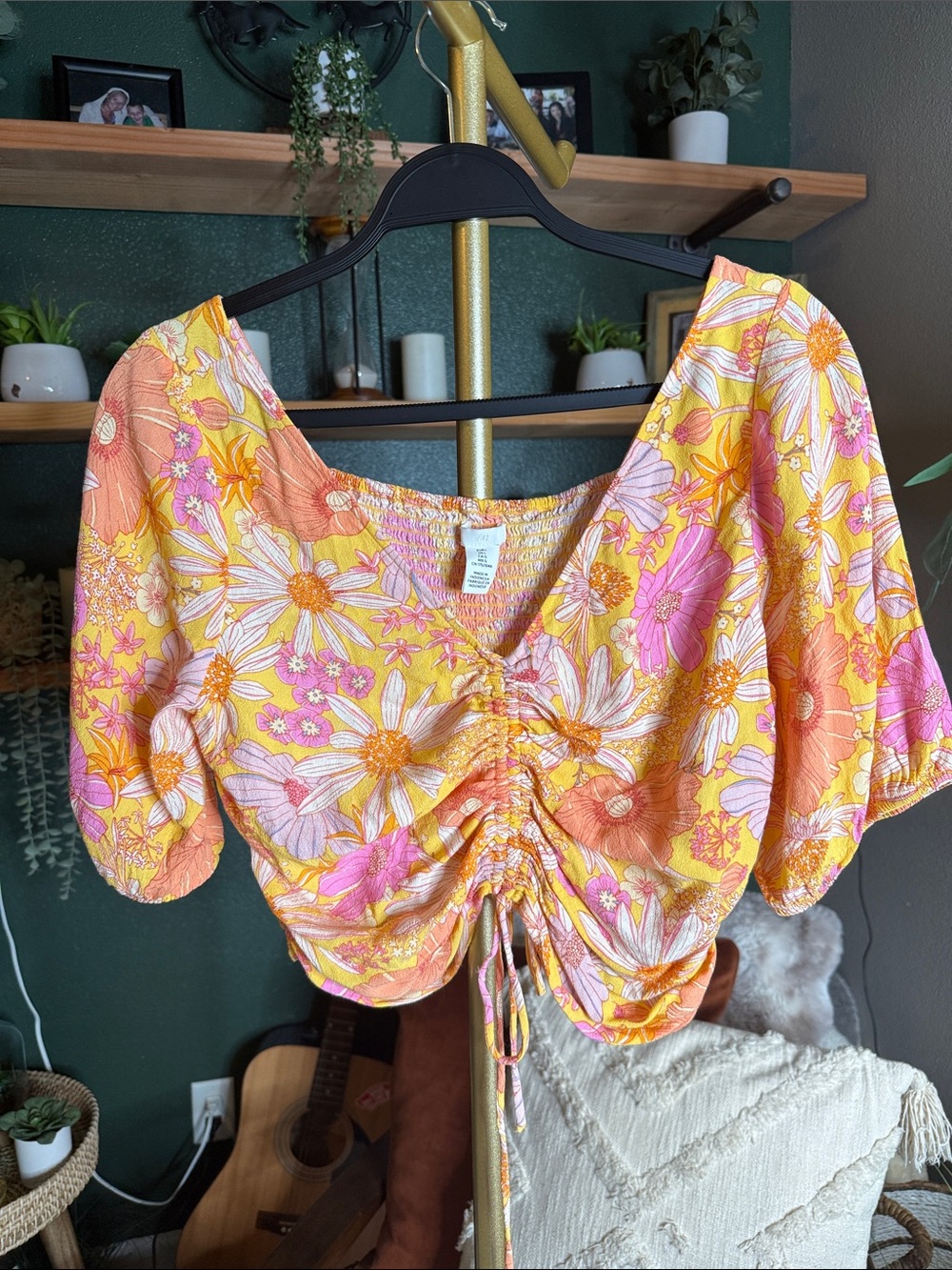 H&M Yellow Pink Floral Ruched Crop Top